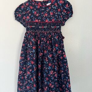 Vintage Toddler Edgehill Collection Navy and Red Smocked Cotton Floral Dress